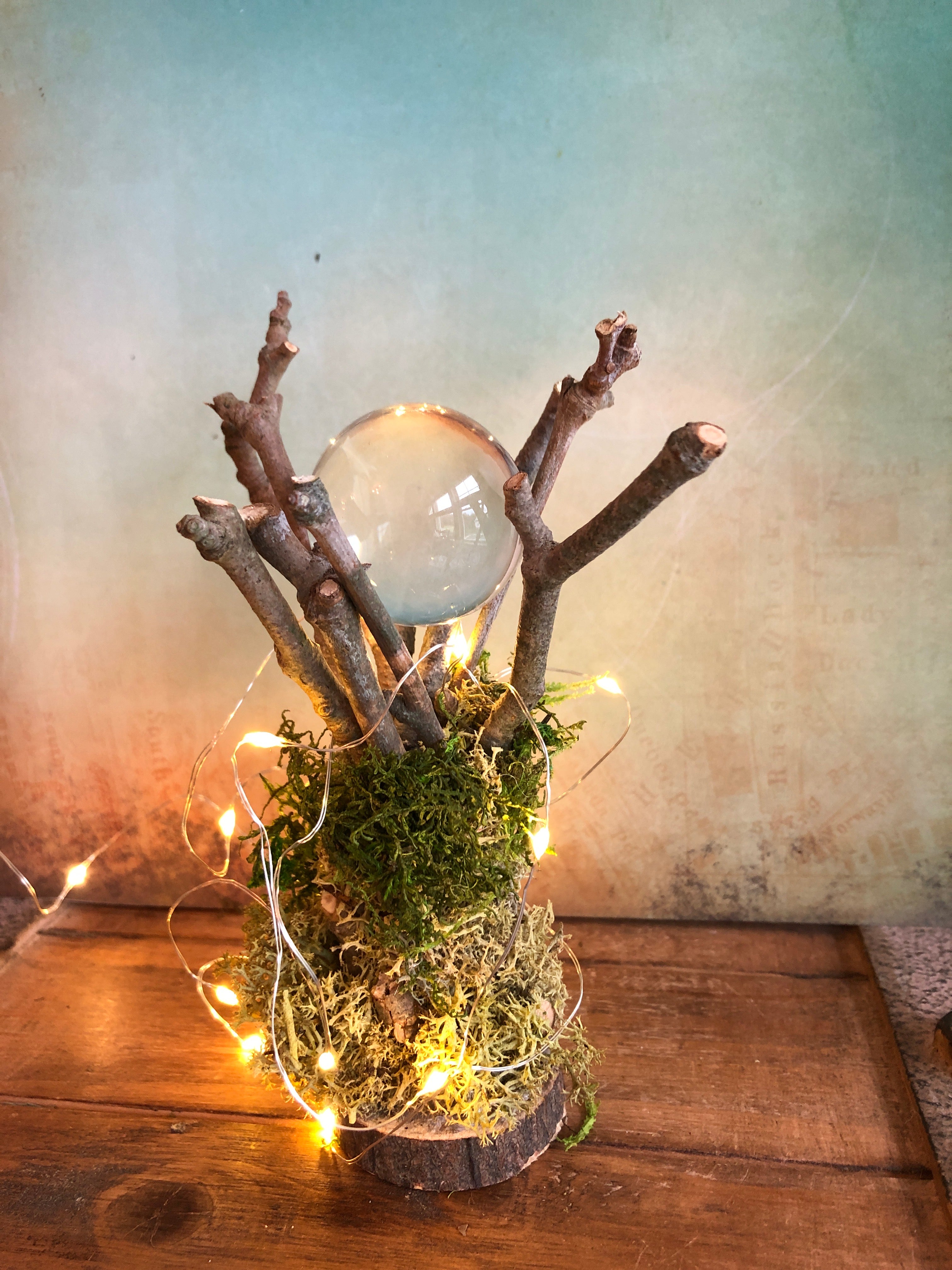 Pure Quartz Crystal Ball with Handcrafted Twig and Moss Stand